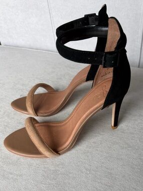 NIB Joie Roxie Two-Tone Black/Tan Suede Ankle-Strap 3’ heels Sandals-w Dust bag